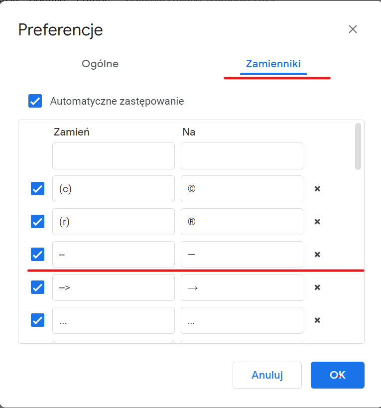 Pauza Dialogowa. Zamienniki w Dokumentach Google. 